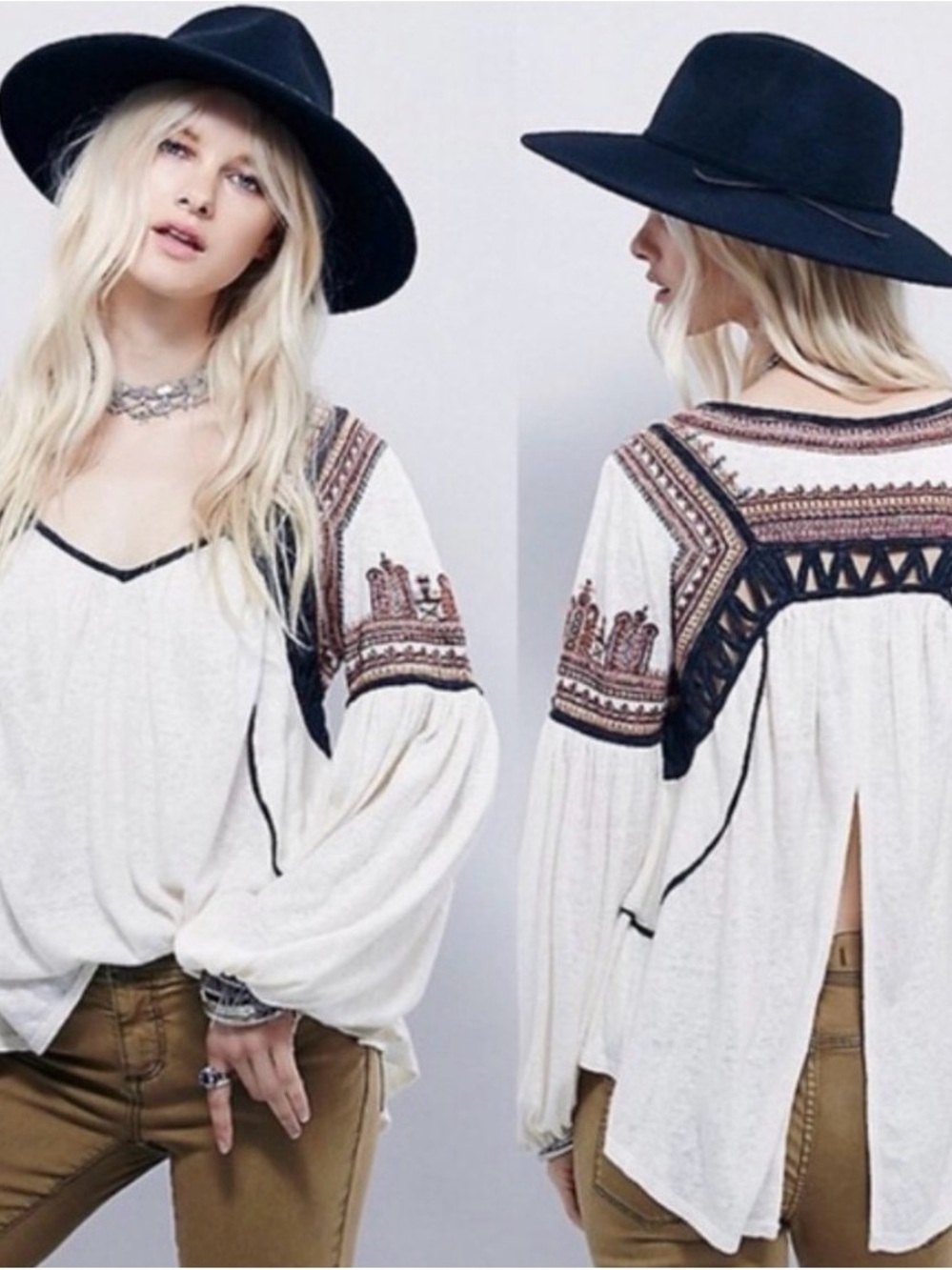 Free People Cream Snow Kisses - Boho Embroidered Tunic with Black Trim